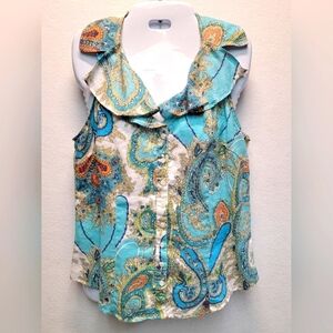 SUNNY LEIGH Women's Size Large 100% Linen Sleeveless Button Front Collared Top